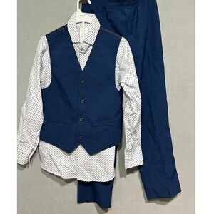 Van Heusen Boys Sz‎ 10 Formal 3Pc Set Navy Vest White Polka Dot Shirt Blue Pants